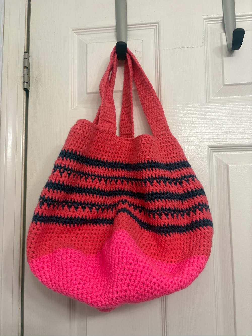 Boho Crochet Tote Bag Coral Pink & Navy Striped Slouchy Bag Medium